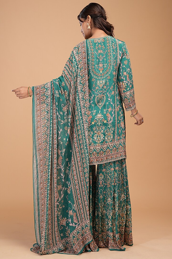 Teal Crepe Digital Printed Party Wear Sharara Set by NIRRAAMYAA at Pernia's Pop Up Shop