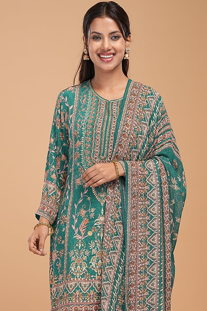 Teal Crepe Digital Printed Party Wear Sharara Set by NIRRAAMYAA at Pernia's Pop Up Shop