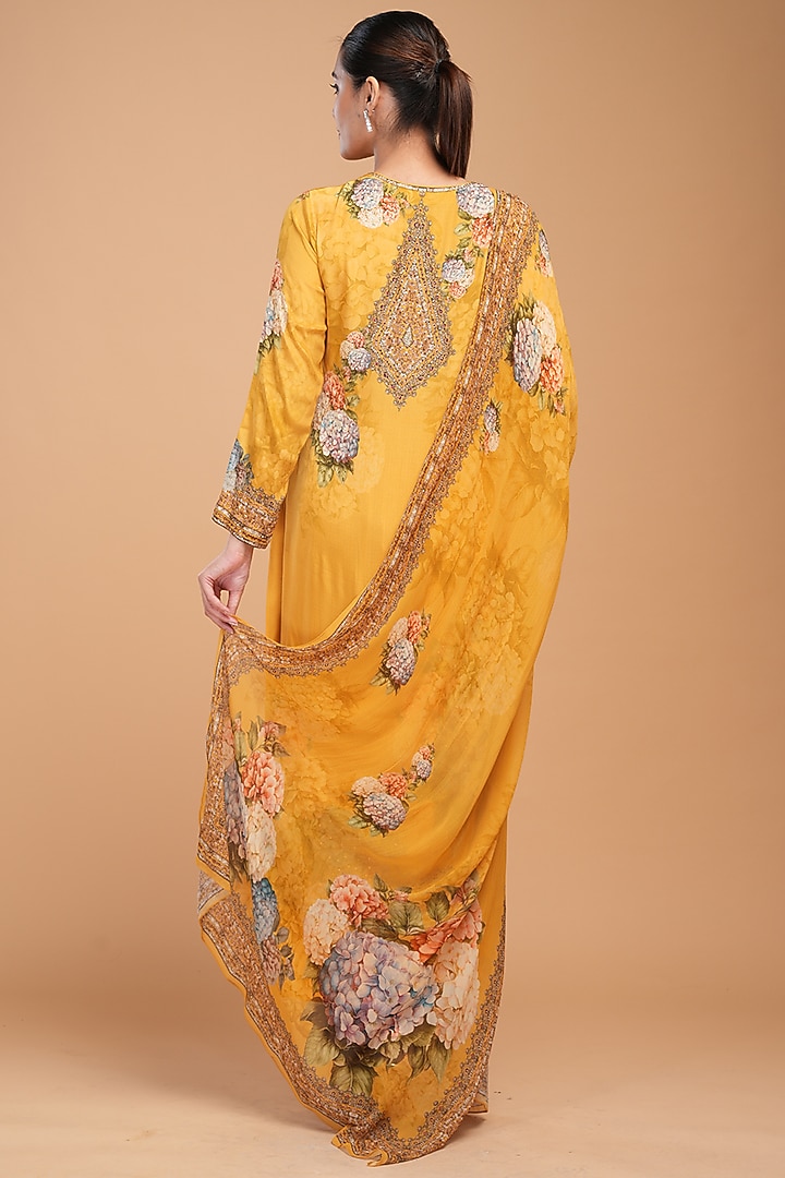 Yellow Digital Printed & Rhinestone Embroidered Kurta Set by NIRRAAMYAA at Pernia's Pop Up Shop