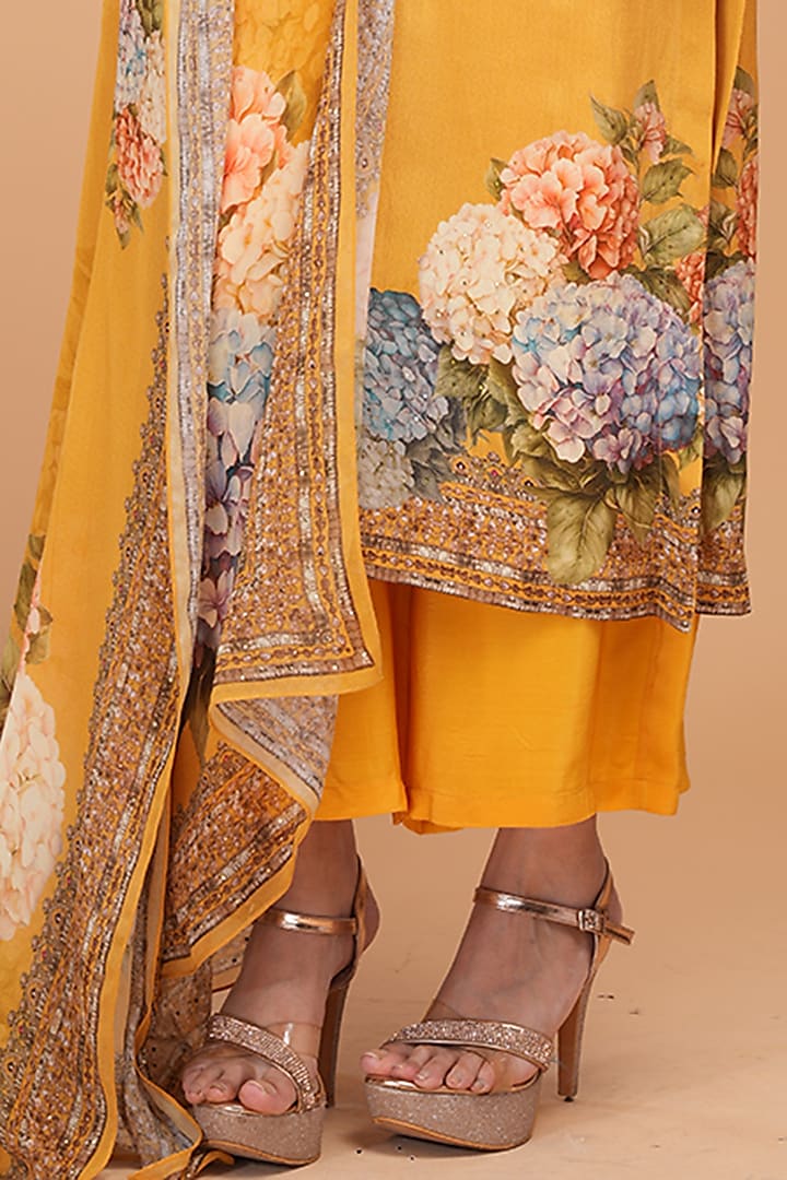 Yellow Digital Printed & Rhinestone Embroidered Kurta Set by NIRRAAMYAA at Pernia's Pop Up Shop