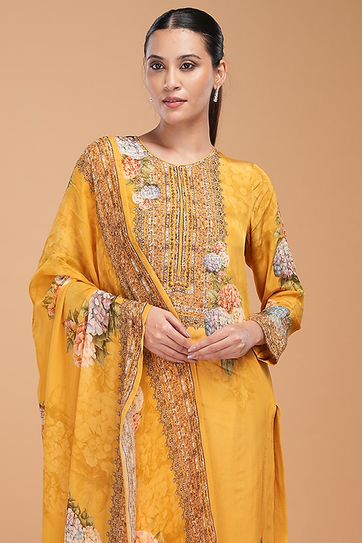 Yellow Digital Printed & Rhinestone Embroidered Kurta Set by NIRRAAMYAA at Pernia's Pop Up Shop