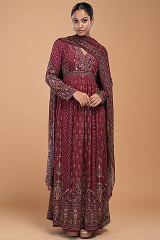 Brown Crepe Digital Printed & Embroidered Anarkali Set by NIRRAAMYAA