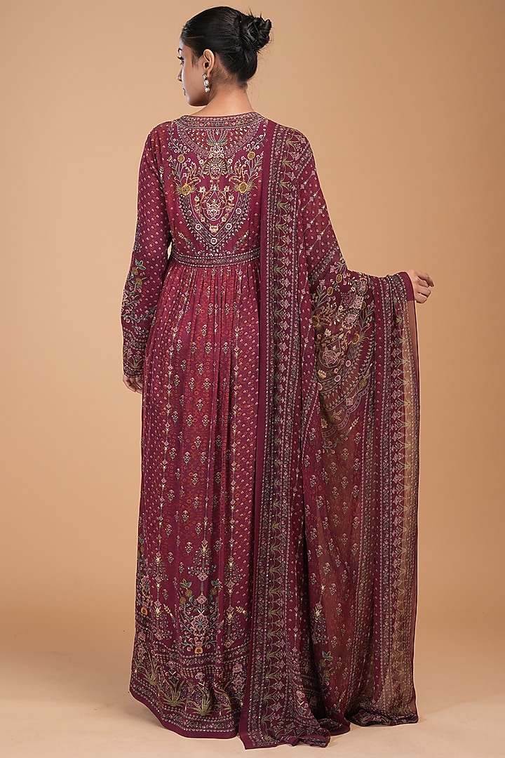 Brown Crepe Digital Printed & Embroidered Wedding Anarkali Set by NIRRAAMYAA at Pernia's Pop Up Shop