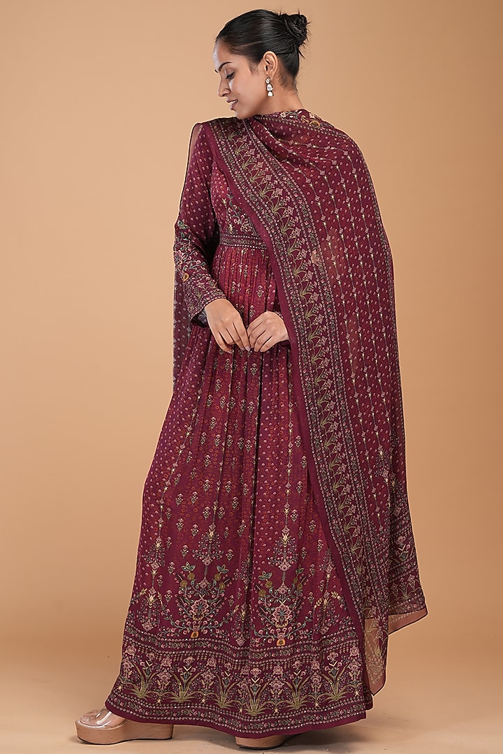 Brown Crepe Digital Printed & Embroidered Wedding Anarkali Set by NIRRAAMYAA at Pernia's Pop Up Shop