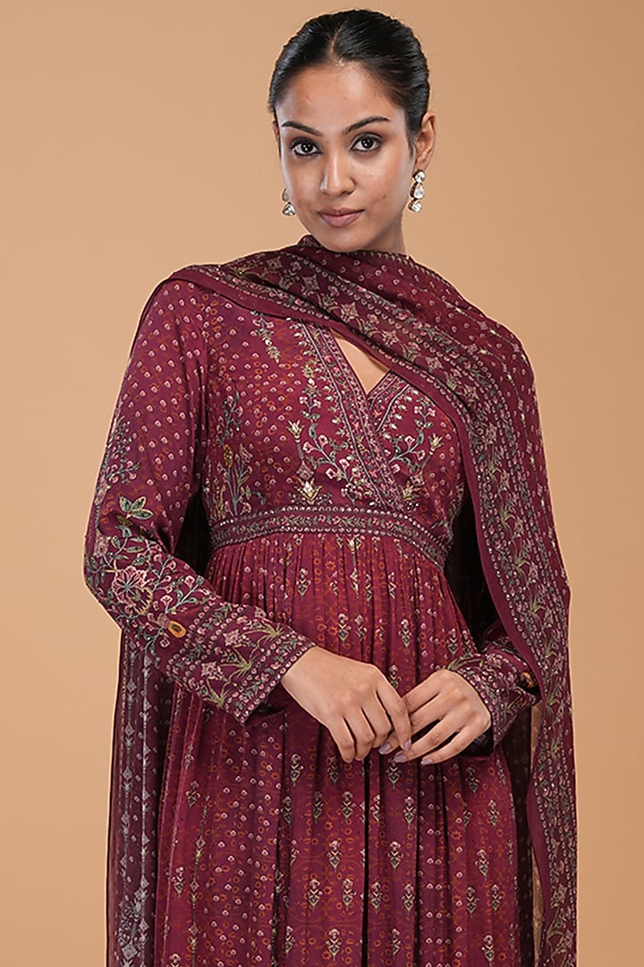 Brown Crepe Digital Printed & Embroidered Wedding Anarkali Set by NIRRAAMYAA at Pernia's Pop Up Shop