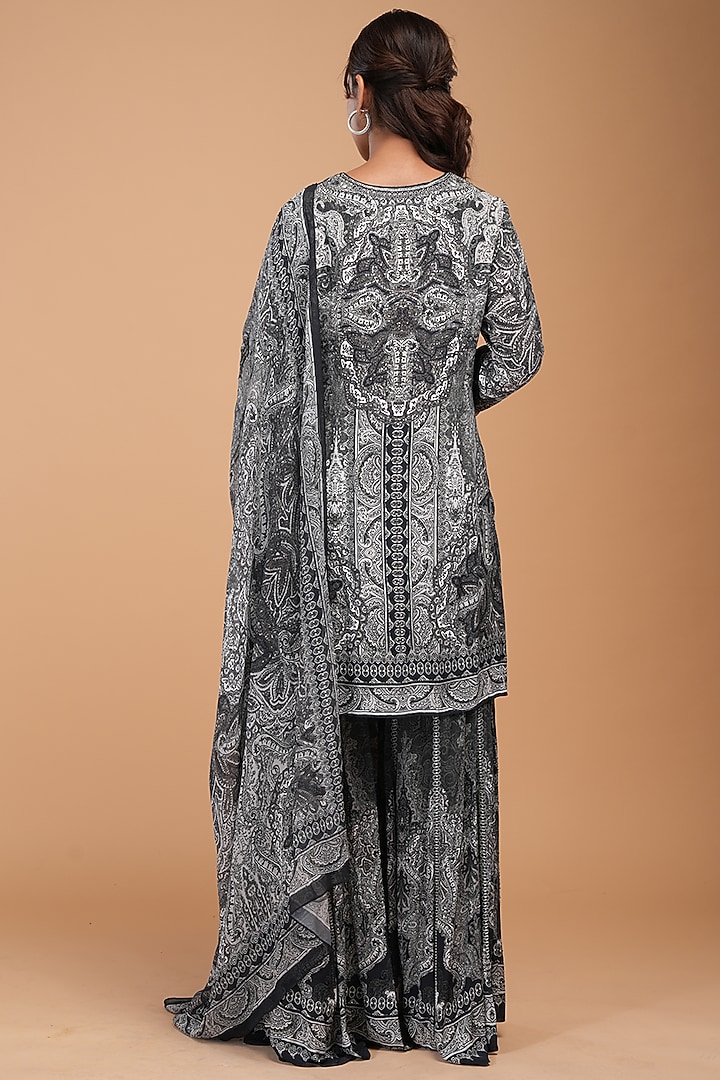 Black Crepe Digital Printed Party Wear Sharara Set by NIRRAAMYAA at Pernia's Pop Up Shop