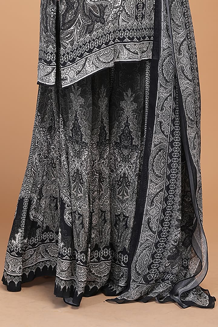 Black Crepe Digital Printed Party Wear Sharara Set by NIRRAAMYAA at Pernia's Pop Up Shop