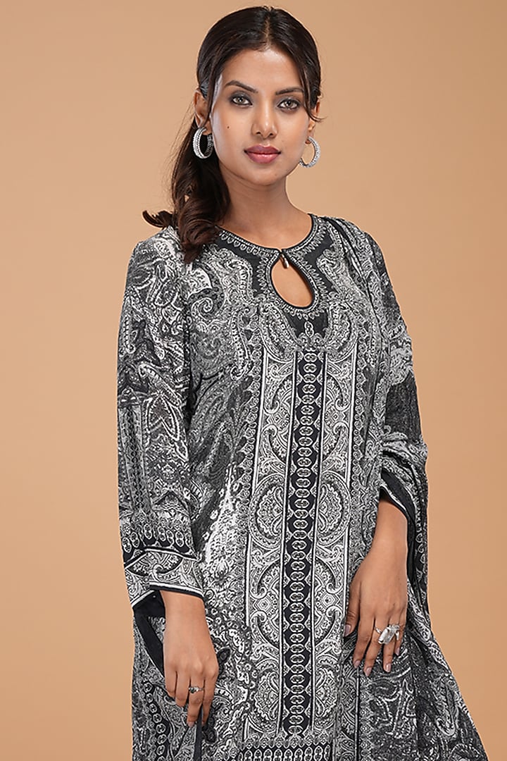 Black Crepe Digital Printed Party Wear Sharara Set by NIRRAAMYAA at Pernia's Pop Up Shop