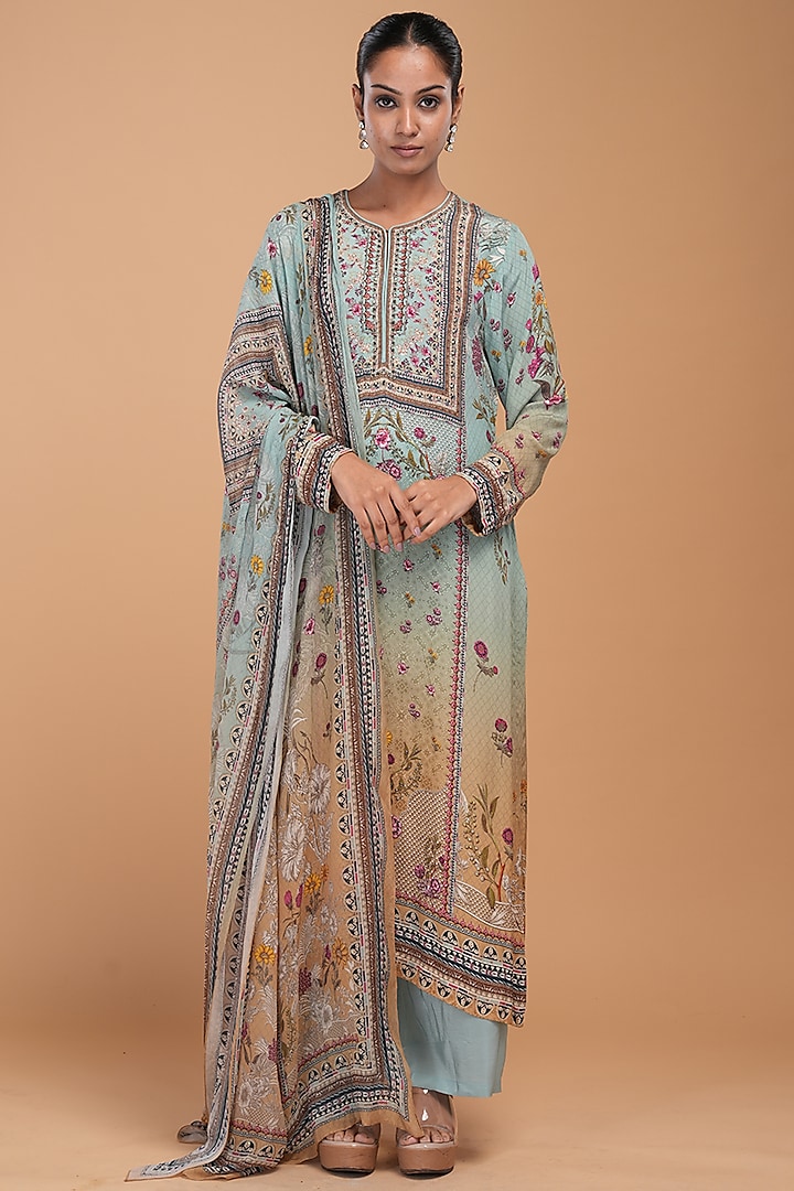 Aqua Digital Printed & Rhinestone Embroidered Kurta Set by NIRRAAMYAA at Pernia's Pop Up Shop