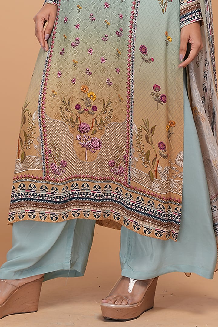 Aqua Digital Printed & Rhinestone Embroidered Kurta Set by NIRRAAMYAA at Pernia's Pop Up Shop