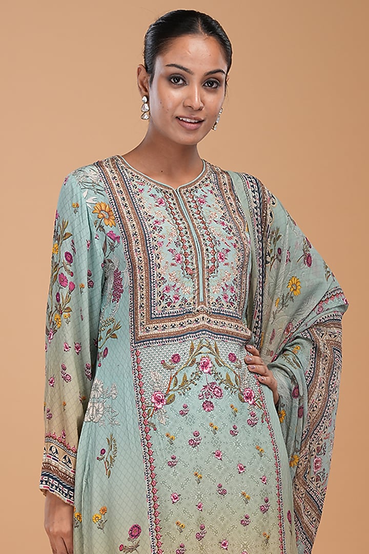 Aqua Digital Printed & Rhinestone Embroidered Kurta Set by NIRRAAMYAA at Pernia's Pop Up Shop