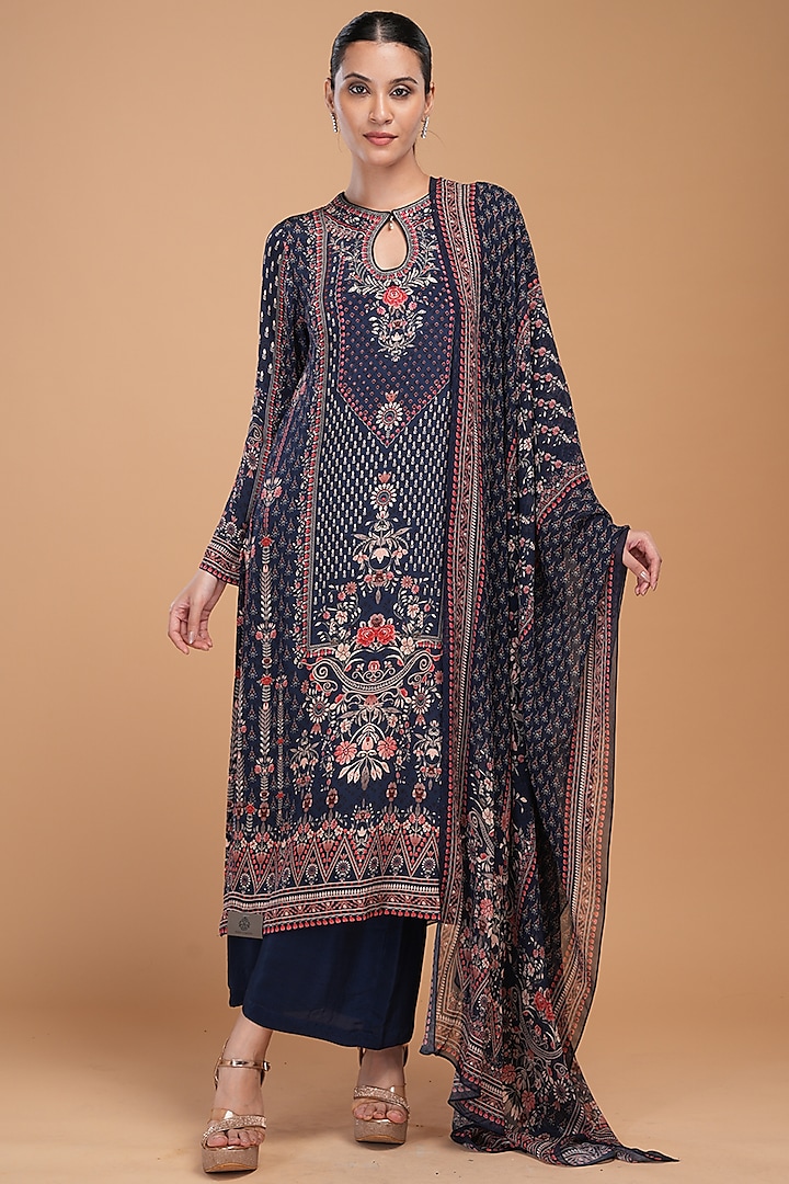 Navy Blue Digital Printed & Rhinestone Embroidered Kurta Set by NIRRAAMYAA at Pernia's Pop Up Shop