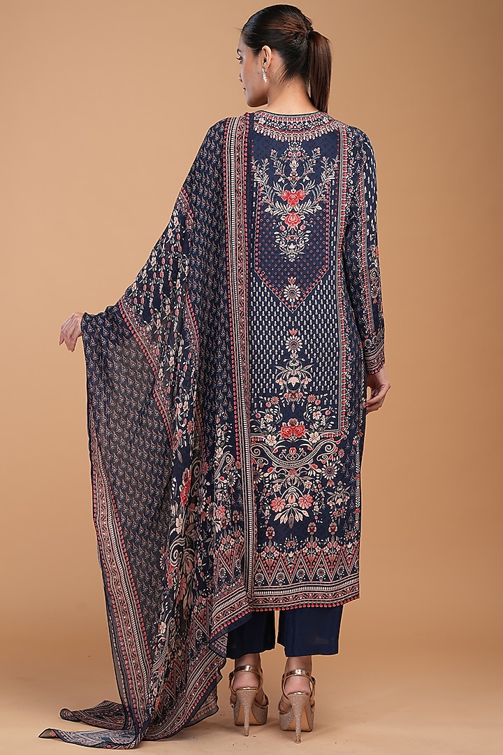 Navy Blue Digital Printed & Rhinestone Embroidered Kurta Set by NIRRAAMYAA at Pernia's Pop Up Shop