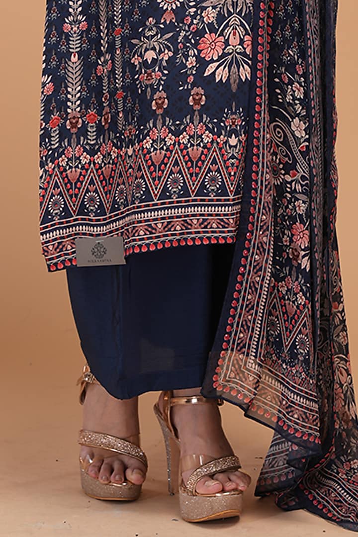 Navy Blue Digital Printed & Rhinestone Embroidered Kurta Set by NIRRAAMYAA at Pernia's Pop Up Shop