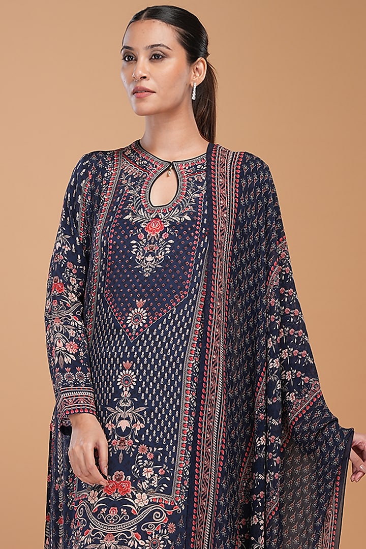 Navy Blue Digital Printed & Rhinestone Embroidered Kurta Set by NIRRAAMYAA at Pernia's Pop Up Shop