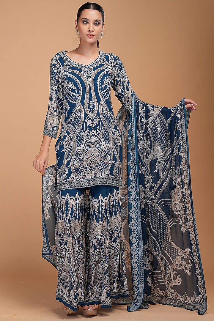 Blue Crepe Digital Printed & Rhinestone Embroidered Sharara Set by NIRRAAMYAA at Pernia's Pop Up Shop