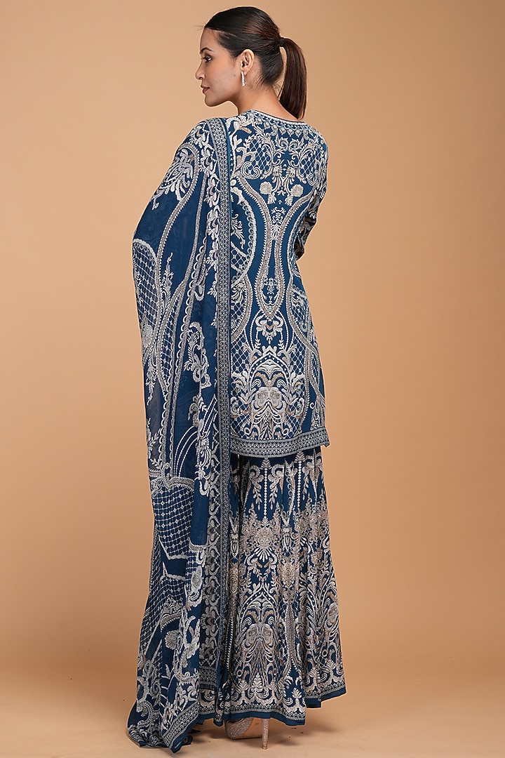 Blue Crepe Digital Printed & Rhinestone Embroidered Party Wear Sharara Set by NIRRAAMYAA at Pernia's Pop Up Shop