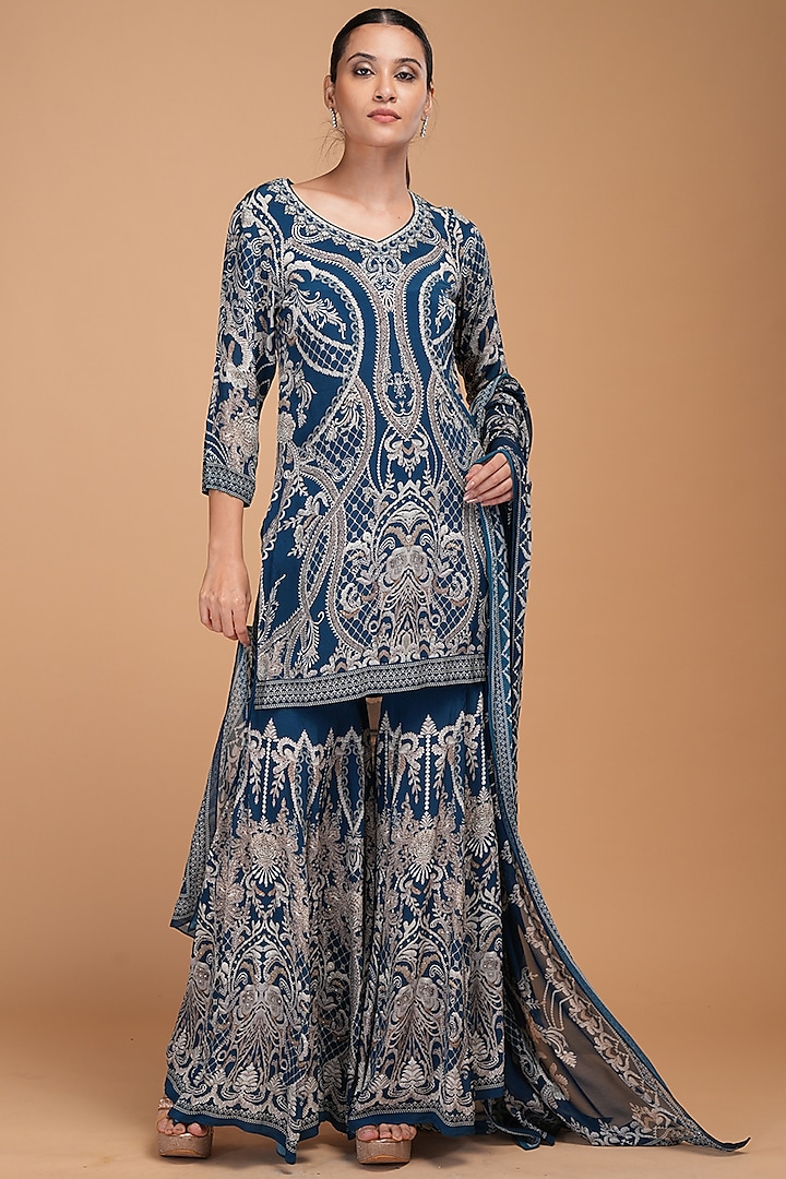 Blue Crepe Digital Printed & Rhinestone Embroidered Party Wear Sharara Set by NIRRAAMYAA at Pernia's Pop Up Shop