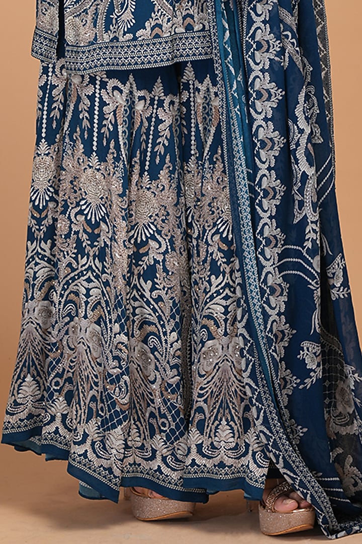 Blue Crepe Digital Printed & Rhinestone Embroidered Party Wear Sharara Set by NIRRAAMYAA at Pernia's Pop Up Shop