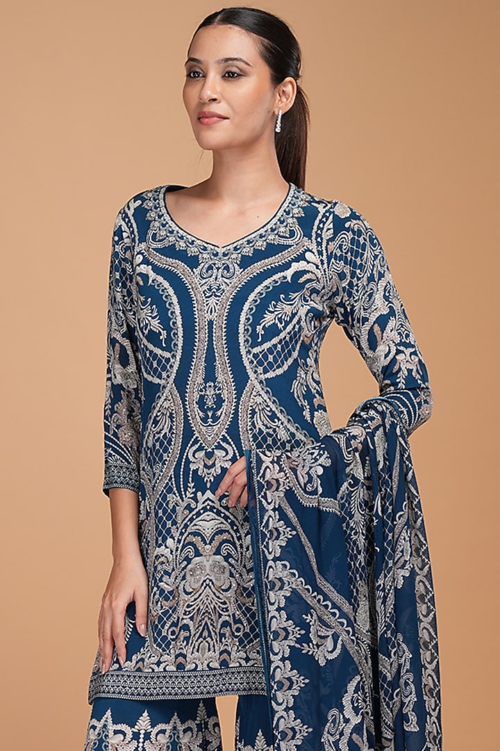 Blue Crepe Digital Printed & Rhinestone Embroidered Party Wear Sharara Set by NIRRAAMYAA at Pernia's Pop Up Shop