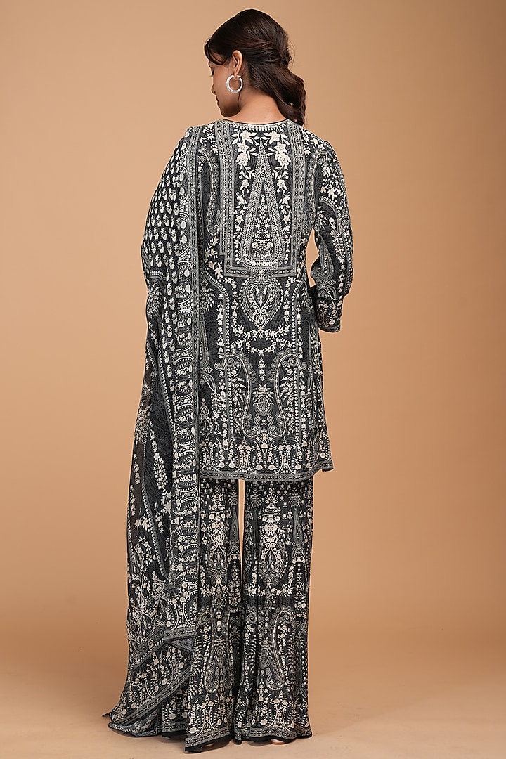 Black Crepe Digital Printed & Rhinestone Embroidered Party Wear Sharara Set by NIRRAAMYAA at Pernia's Pop Up Shop