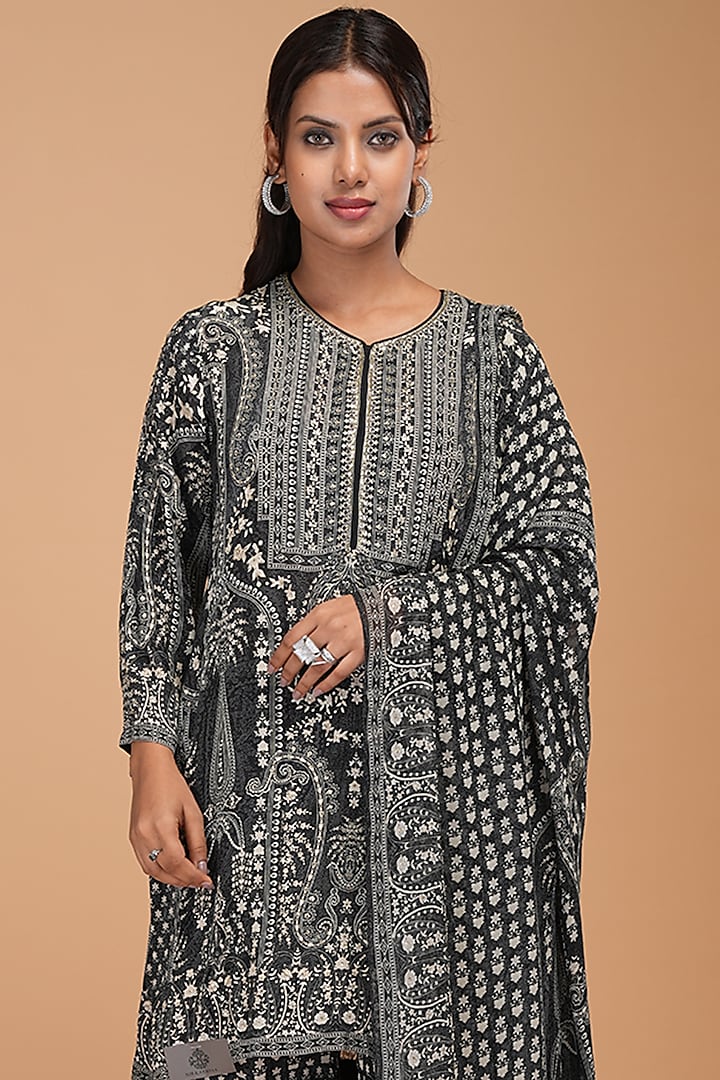 Black Crepe Digital Printed & Rhinestone Embroidered Party Wear Sharara Set by NIRRAAMYAA at Pernia's Pop Up Shop