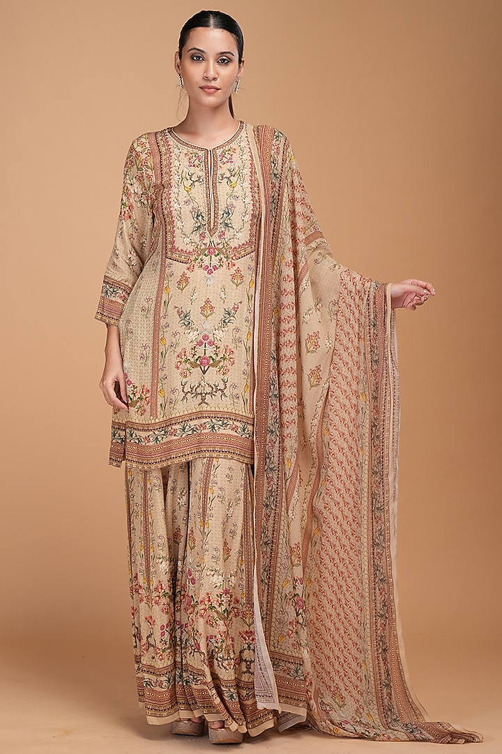 Beige Crepe Digital Printed & Rhinestone Embroidered Sharara Set by NIRRAAMYAA at Pernia's Pop Up Shop