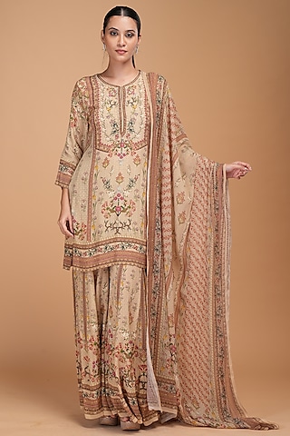 Beige Crepe Digital Printed & Rhinestone Embroidered Sharara Set by NIRRAAMYAA
