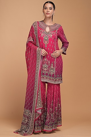Red Crepe Digital Printed & Rhinestone Embroidered Sharara Set by NIRRAAMYAA