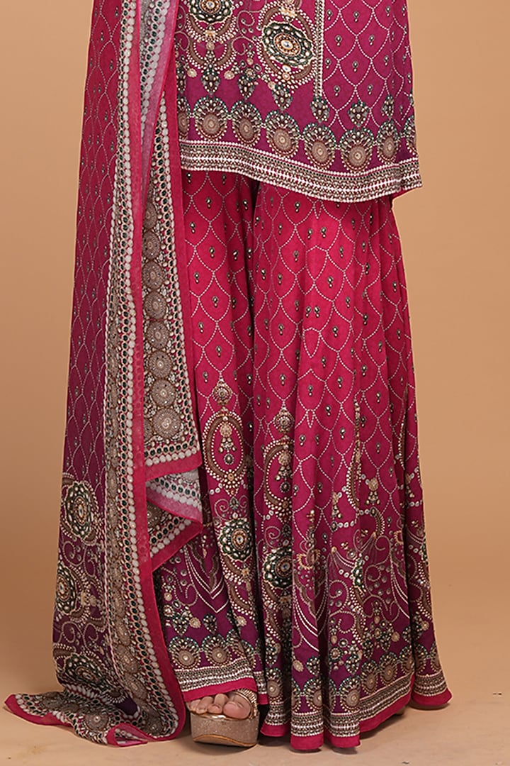 Red Crepe Digital Printed & Rhinestone Embroidered Party Wear Sharara Set by NIRRAAMYAA at Pernia's Pop Up Shop