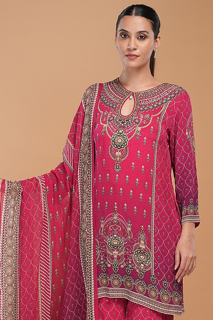 Red Crepe Digital Printed & Rhinestone Embroidered Party Wear Sharara Set by NIRRAAMYAA at Pernia's Pop Up Shop
