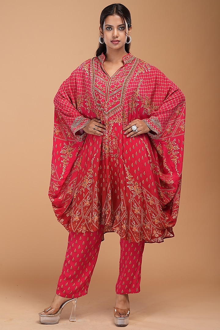 Red Bemberg Crepe Digital Printed & Rhinestone Embroidered Kurta Set by NIRRAAMYAA at Pernia's Pop Up Shop