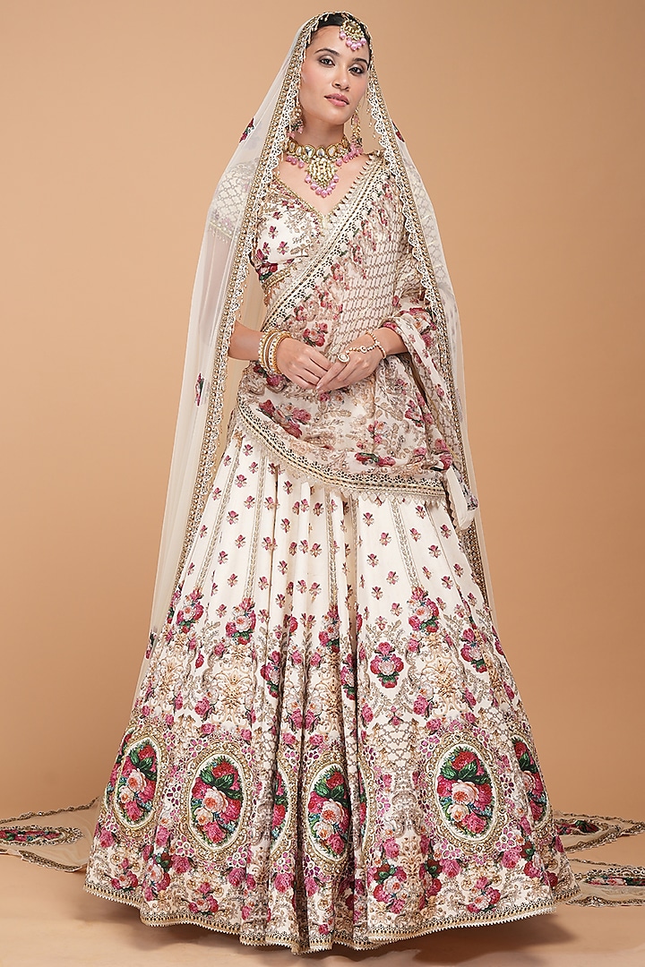 Ivory Viscose Satin Digital Printed & Rhinestone Embroidered Wedding Lehenga Set by NIRRAAMYAA at Pernia's Pop Up Shop