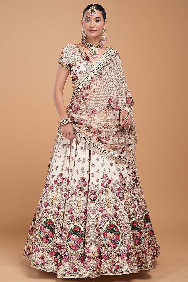 Ivory Viscose Satin Digital Printed & Rhinestone Embroidered Wedding Lehenga Set by NIRRAAMYAA at Pernia's Pop Up Shop