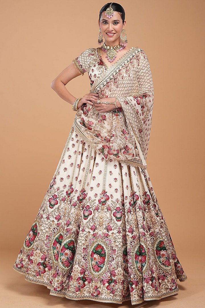Ivory Viscose Satin Digital Printed & Rhinestone Embroidered Wedding Lehenga Set by NIRRAAMYAA at Pernia's Pop Up Shop