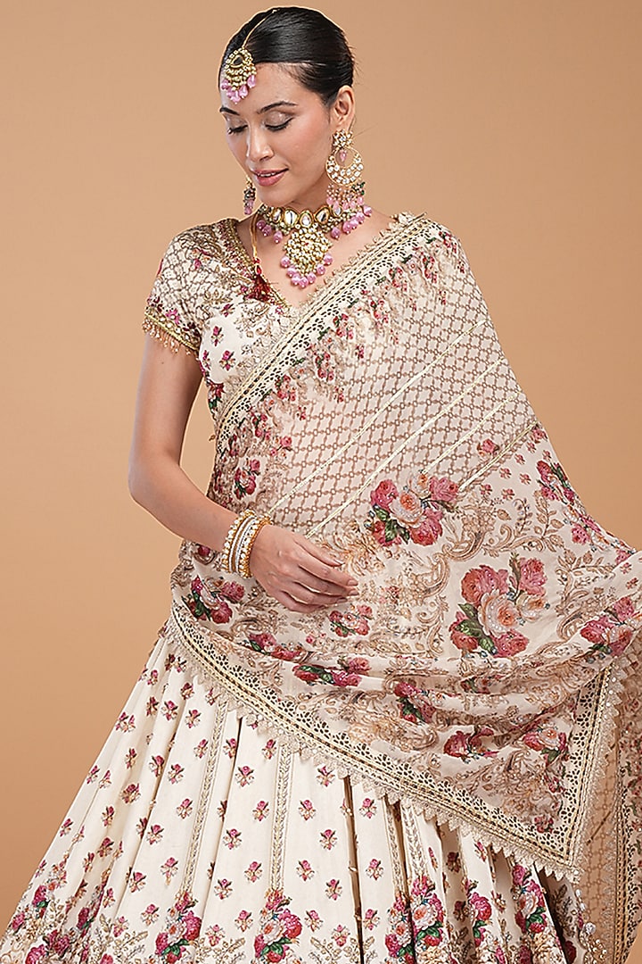 Ivory Viscose Satin Digital Printed & Rhinestone Embroidered Wedding Lehenga Set by NIRRAAMYAA at Pernia's Pop Up Shop