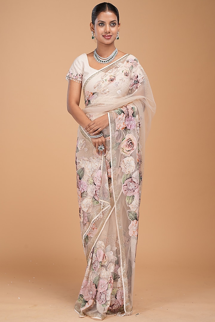 Beige Net Digital Printed & Rhinestone Work Saree Set by NIRRAAMYAA at Pernia's Pop Up Shop