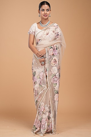Beige Net Digital Printed & Rhinestone Work Saree Set by NIRRAAMYAA