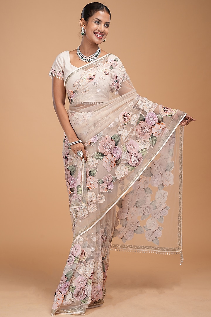 Beige Net Digital Printed & Rhinestone Work Party Wear Saree Set by NIRRAAMYAA at Pernia's Pop Up Shop