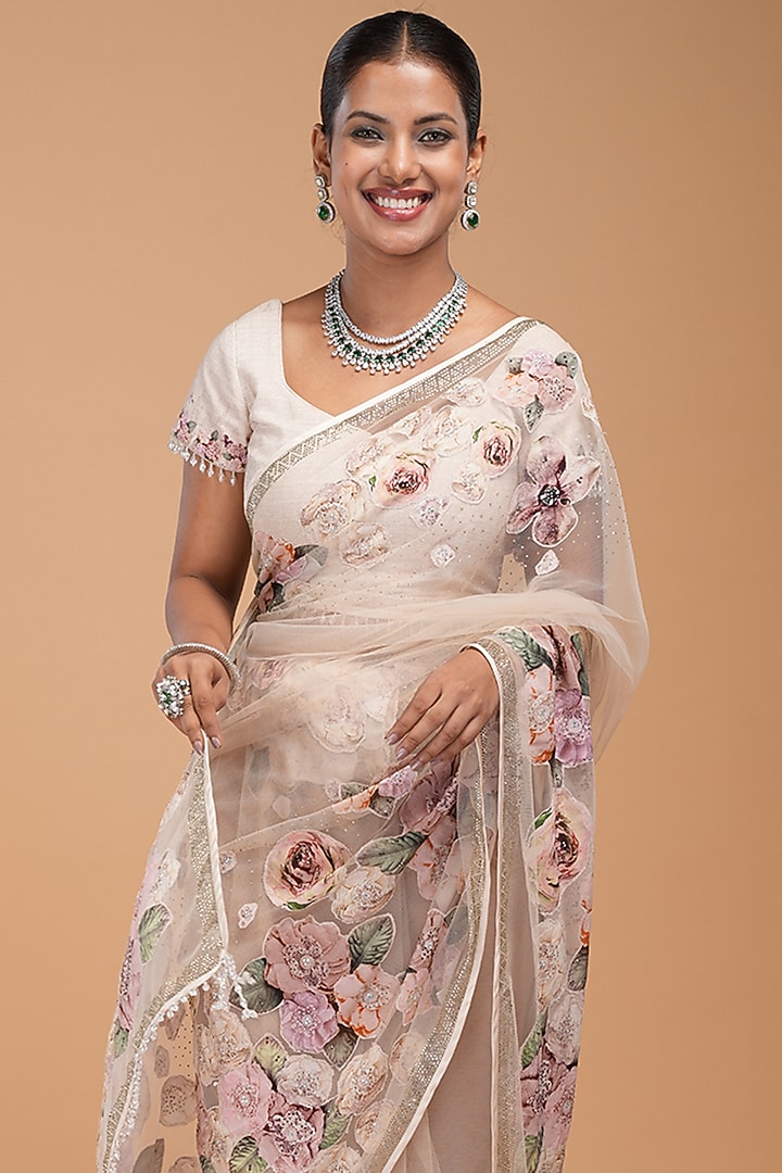 Beige Net Digital Printed & Rhinestone Work Party Wear Saree Set by NIRRAAMYAA at Pernia's Pop Up Shop