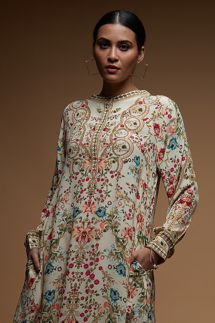 Beige Bemberg Crepe Digital Printed Co-Ord Set by NIRRAAMYAA at Pernia's Pop Up Shop