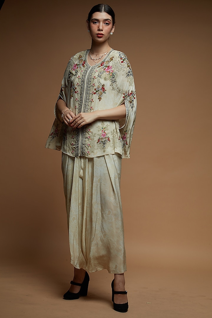 Beige Bemberg Crepe Digital Printed Jacket Dress by NIRRAAMYAA