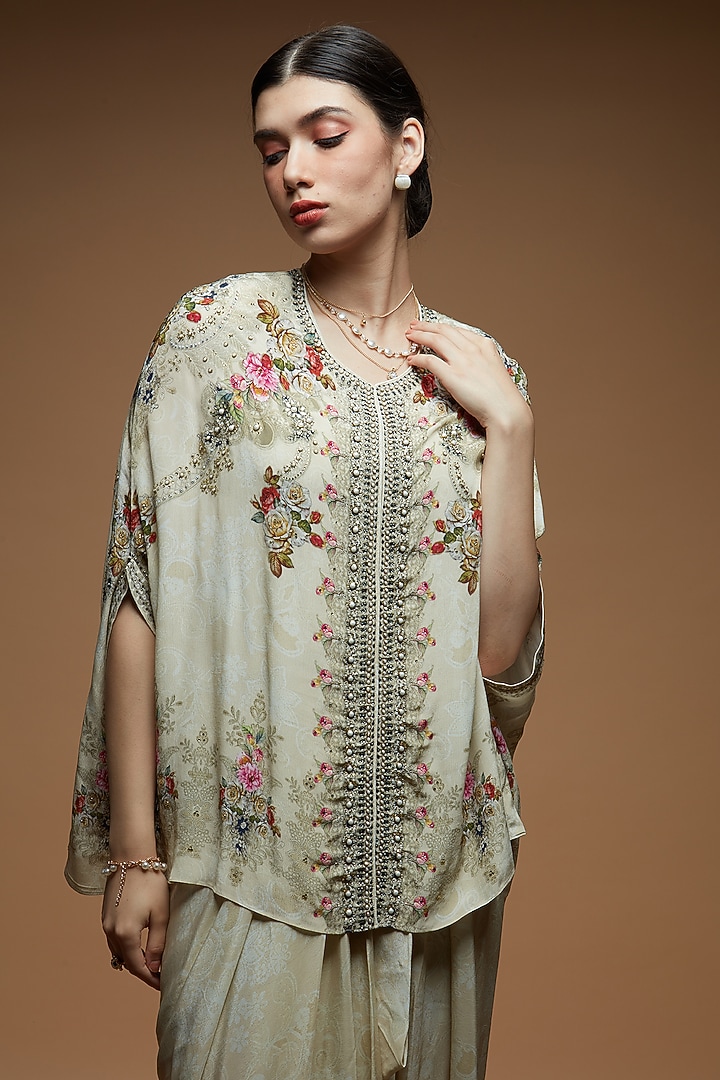 Beige Bemberg Crepe Digital Printed Jacket Vacation Dress by NIRRAAMYAA at Pernia's Pop Up Shop