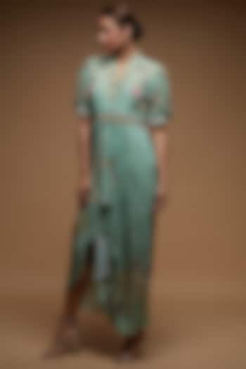 Aqua Bemberg Crepe Digital Printed Draped Dress by NIRRAAMYAA