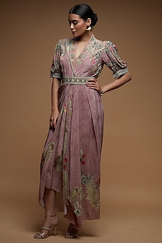 Pale Pink Bemberg Crepe Digital Printed Draped Dress by NIRRAAMYAA