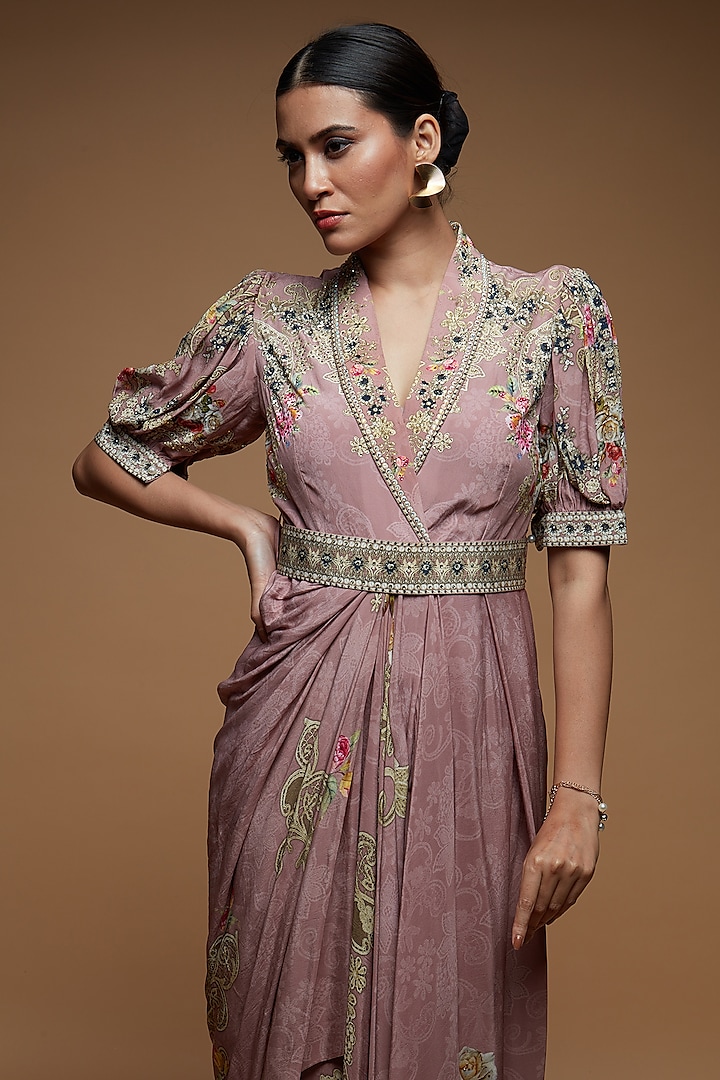 Pale Pink Bemberg Crepe Digital Printed Draped Vacation Dress by NIRRAAMYAA at Pernia's Pop Up Shop