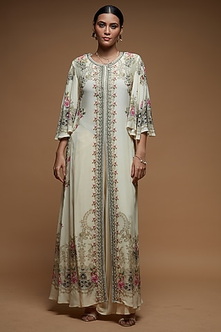 Beige Bemberg Crepe Digital Printed Jacket Set by NIRRAAMYAA