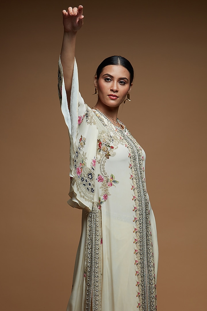 Beige Bemberg Crepe Digital Printed Jacket Set by NIRRAAMYAA at Pernia's Pop Up Shop