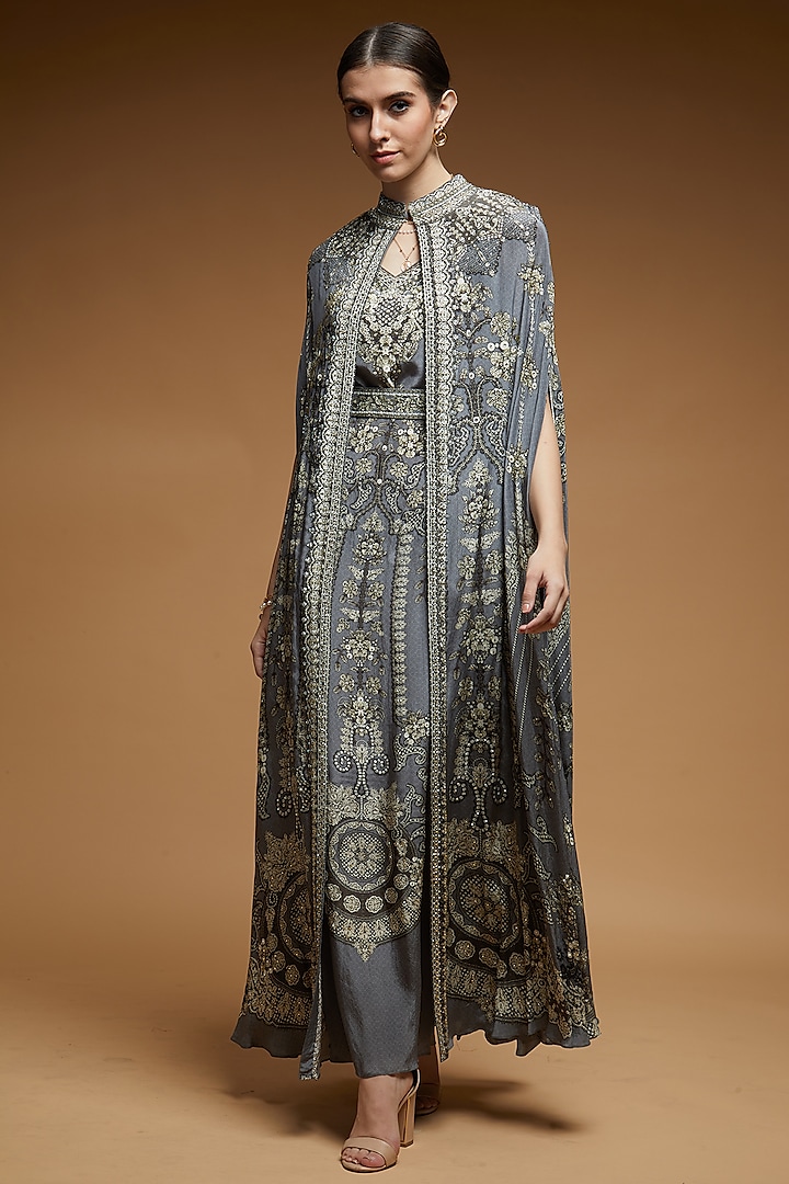 Grey Bemberg Crepe Digital Printed Cape With Attached Inner by NIRRAAMYAA