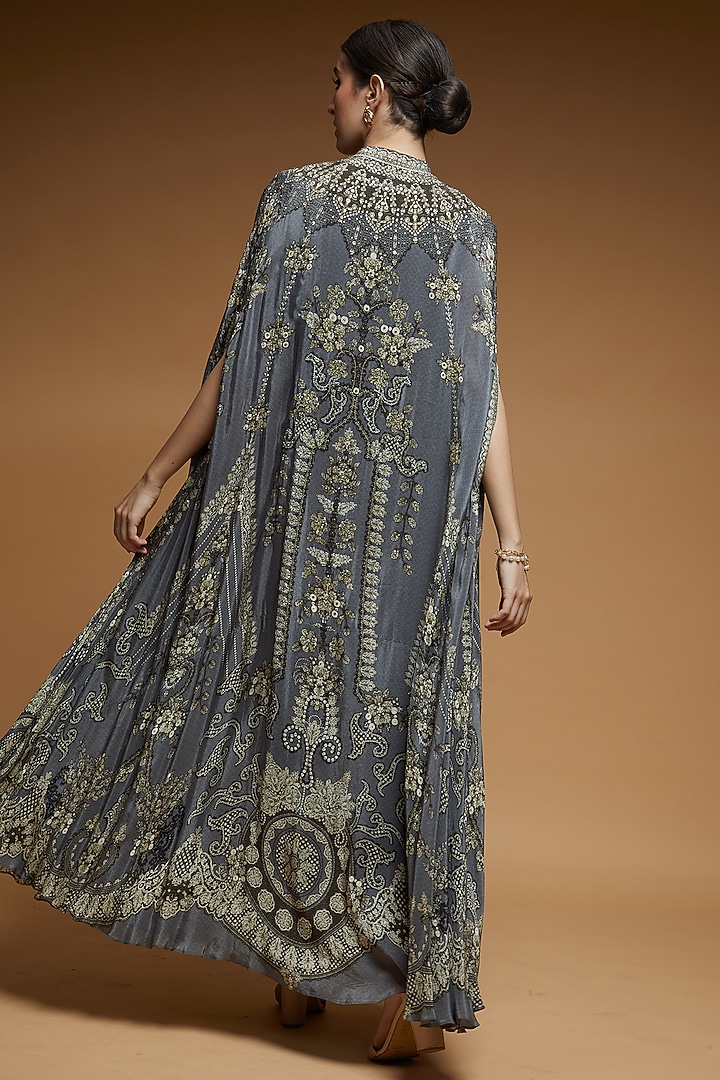 Grey Bemberg Crepe Digital Printed Cape With Attached Inner by NIRRAAMYAA at Pernia's Pop Up Shop